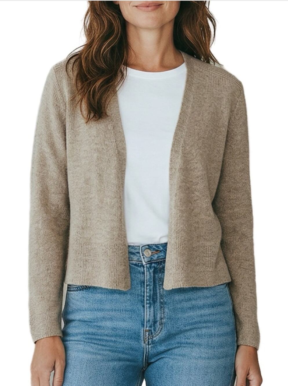 Eileen Fisher Linen Cardigan Petite Large Beige Open Front Waffle Knit Layering